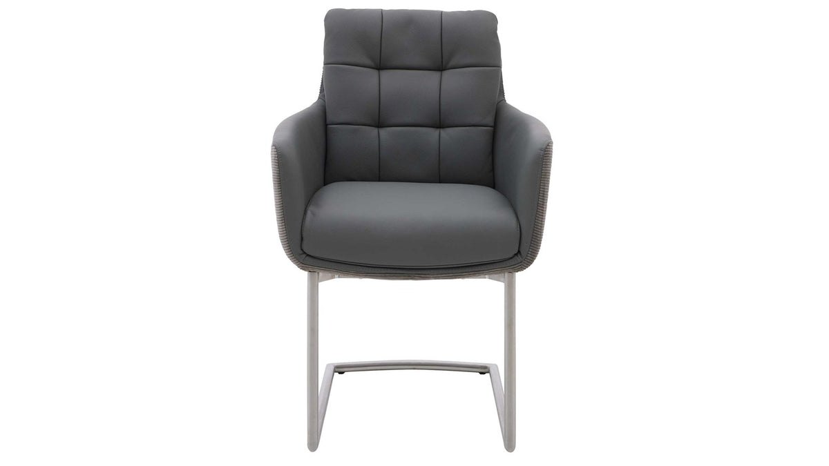 Freischwinger-Sessel mit grauem Leder-Cord-Mix und Edelstahlgestell