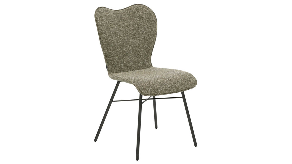 Polsterstuhl mit jadefarbenem Leder, moosfarbenem Bezug und Metallgestell in Umbraugrau für moderne Essbereiche