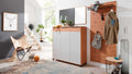 Moderne Garderobe aus Holz mit grauen Fronten, Schuhschrank, Spiegel und Wandpaneel