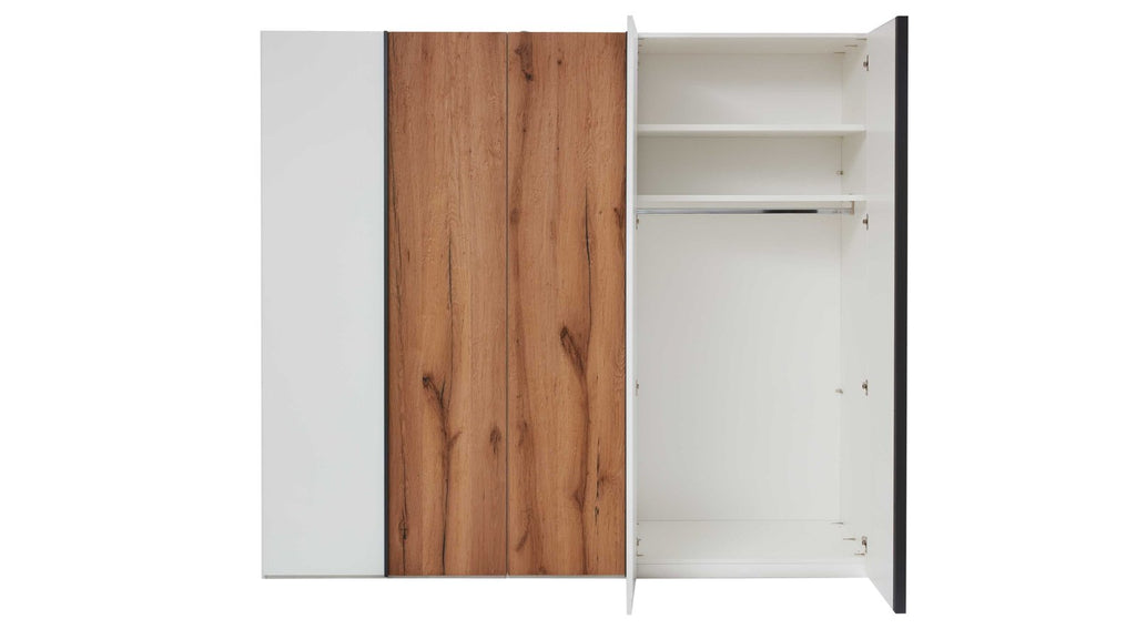 Schlafzimmermöbel-Set mit Doppelbett, Nachtschränken und Kleiderschrank in Weiß und Holzoptik