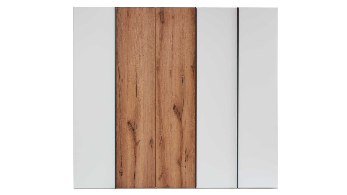 Schlafzimmermöbel-Set mit Doppelbett, Nachtschränken und Kleiderschrank in Weiß und Holzoptik