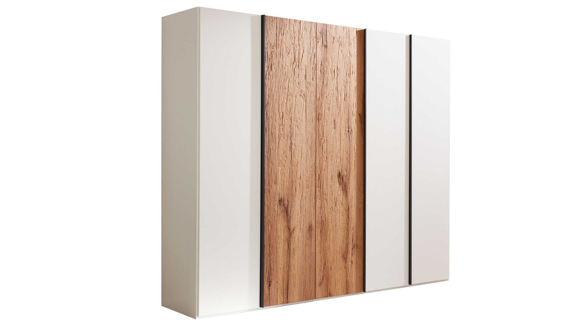Kleiderschrank mit weißen Drehtüren und mittigem Holzelement
