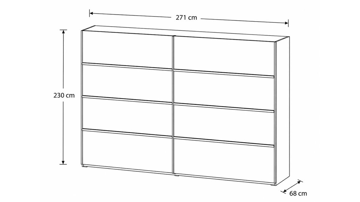 Schlafzimmer mit Schwebetürenschrank und Bett in Balkeneiche und Sand