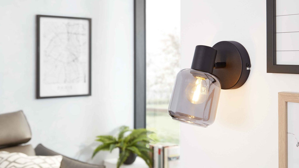 Wandleuchte mit schwarzem Metallgehäuse und rauchgrauem Glas-Schirm