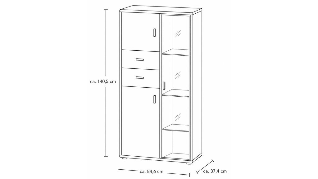 Interliving Highboard Serie 2024 in Eichefurnier und Schwarzglas