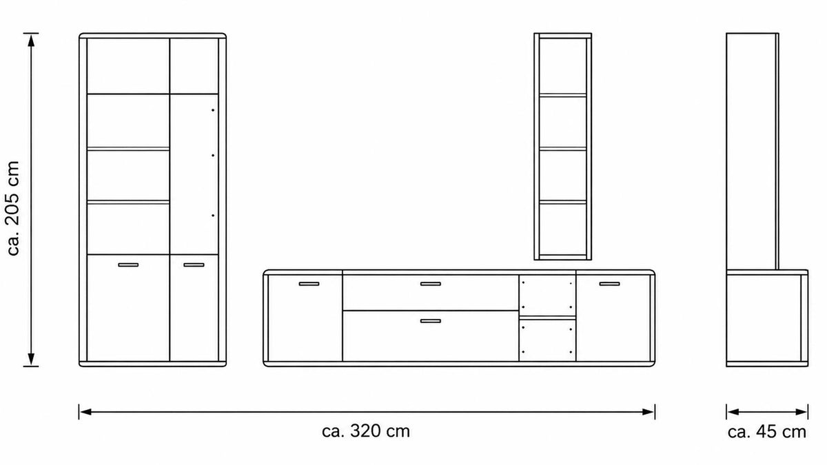 Interliving Wohnwand Serie 2029 mit Vitrine, Lowboard und Wandregal in Wildeiche