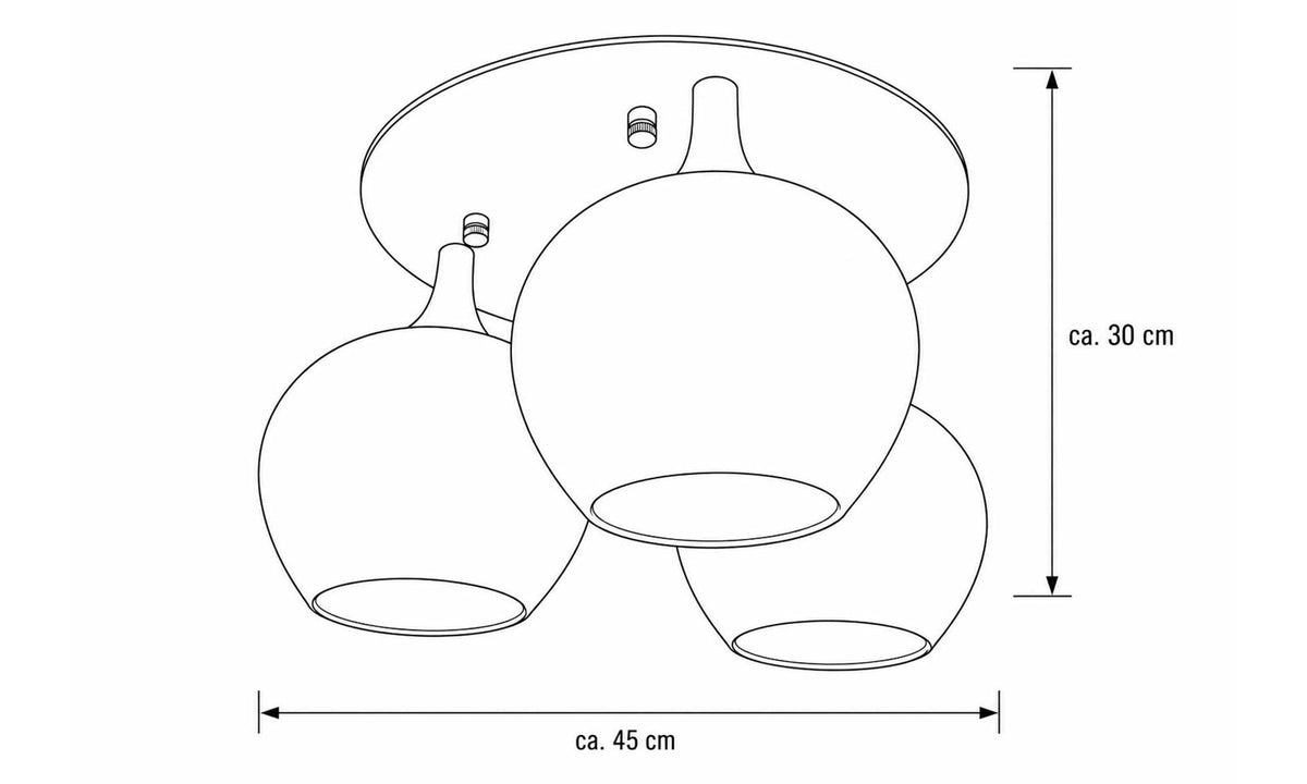 Deckenlampe mit drei kugelförmigen Mattglasschirmen und nickelfarbenem Baldachin