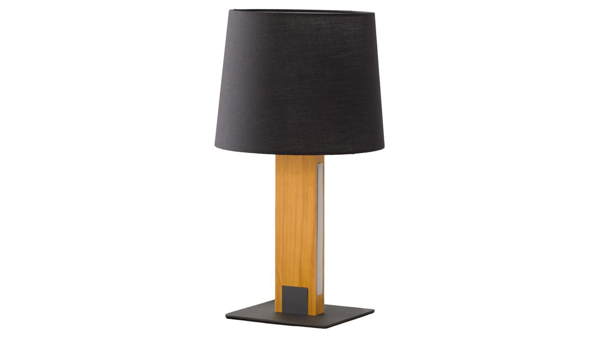 Tischleuchte mit Holzfuß, dunkelgrauem Stoffschirm und integrierter LED-Leiste