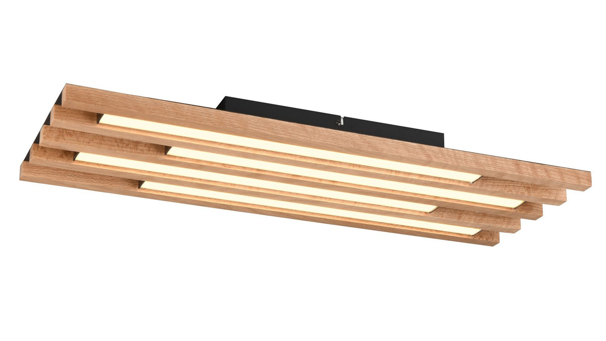 Wandleuchte mit senkrechten Holzleisten und integrierter LED-Beleuchtung