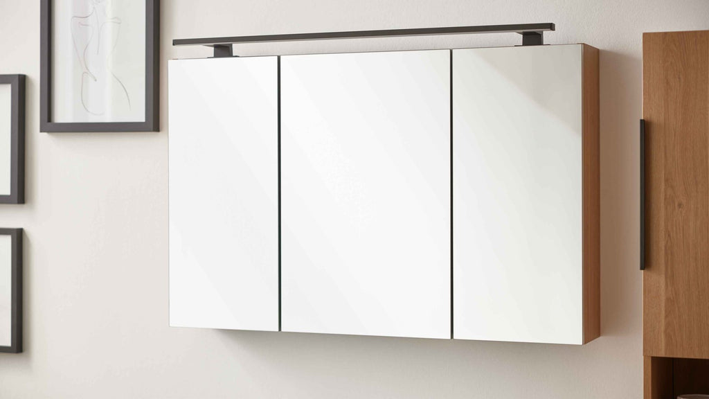 Badmöbel-Set in Eiche-Optik mit Sitzbank und Spiegelschrank