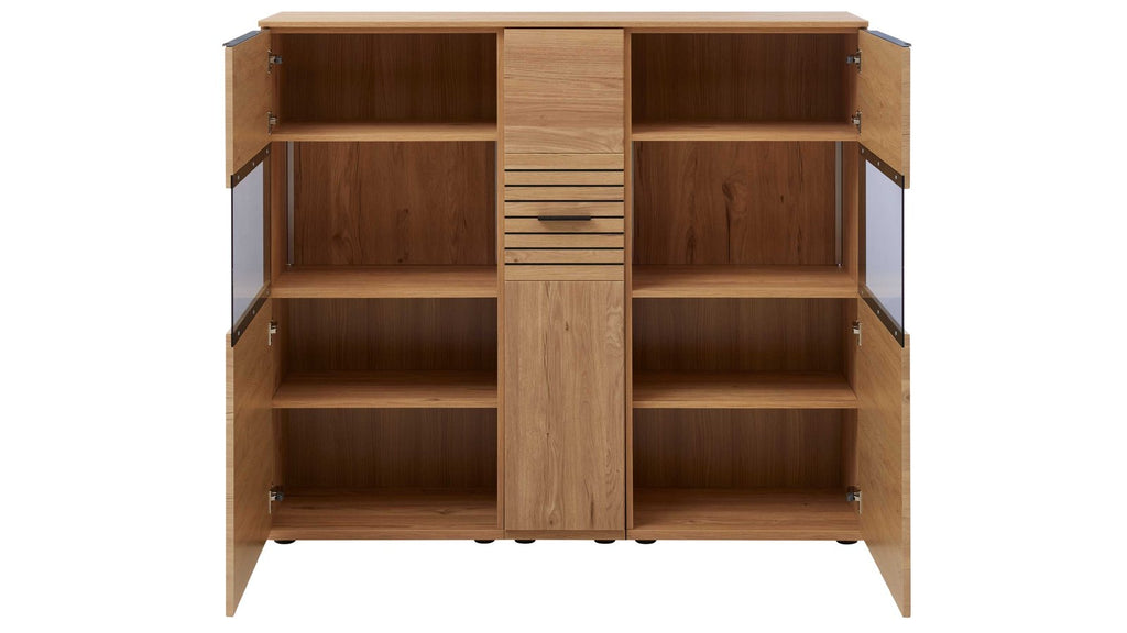 Interliving Highboard Serie 2032 in Risseiche mit Glaseinsätzen und Schubladen