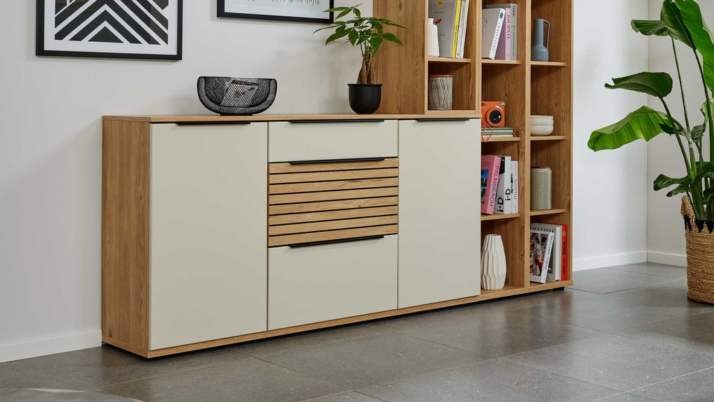 Interliving Sideboard- und Regalkombination Serie 2032 in Sandbeige und Risseiche