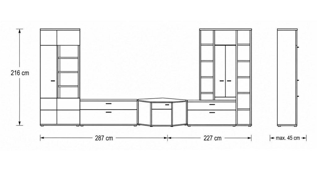 Interliving Eck-Wohnwand Serie 2110 in Naturbuche mit Vitrine und Regalwand