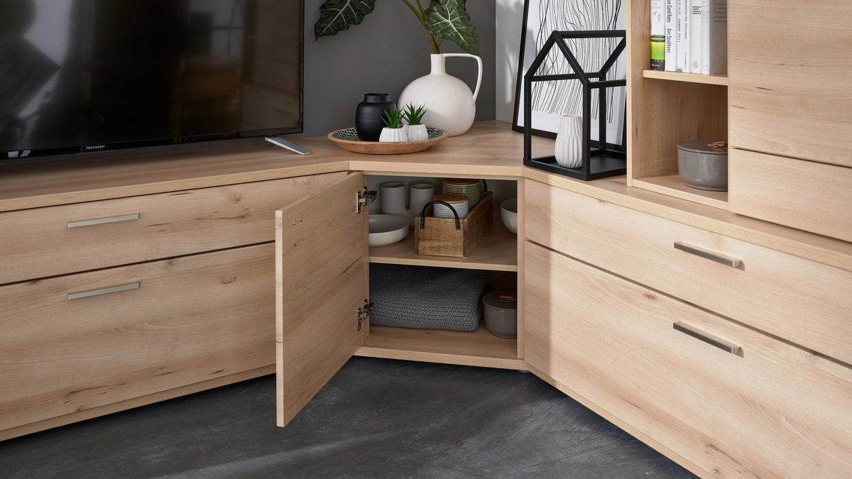 Interliving Eck-Wohnwand Serie 2110 in Naturbuche mit Vitrine und Regalwand