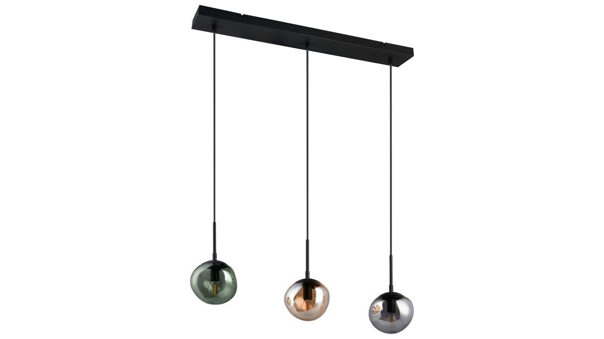 Dreiflammige Pendelleuchte mit Kugelschirmen aus Glas in Grün-, Bronze- und Rauchoptik