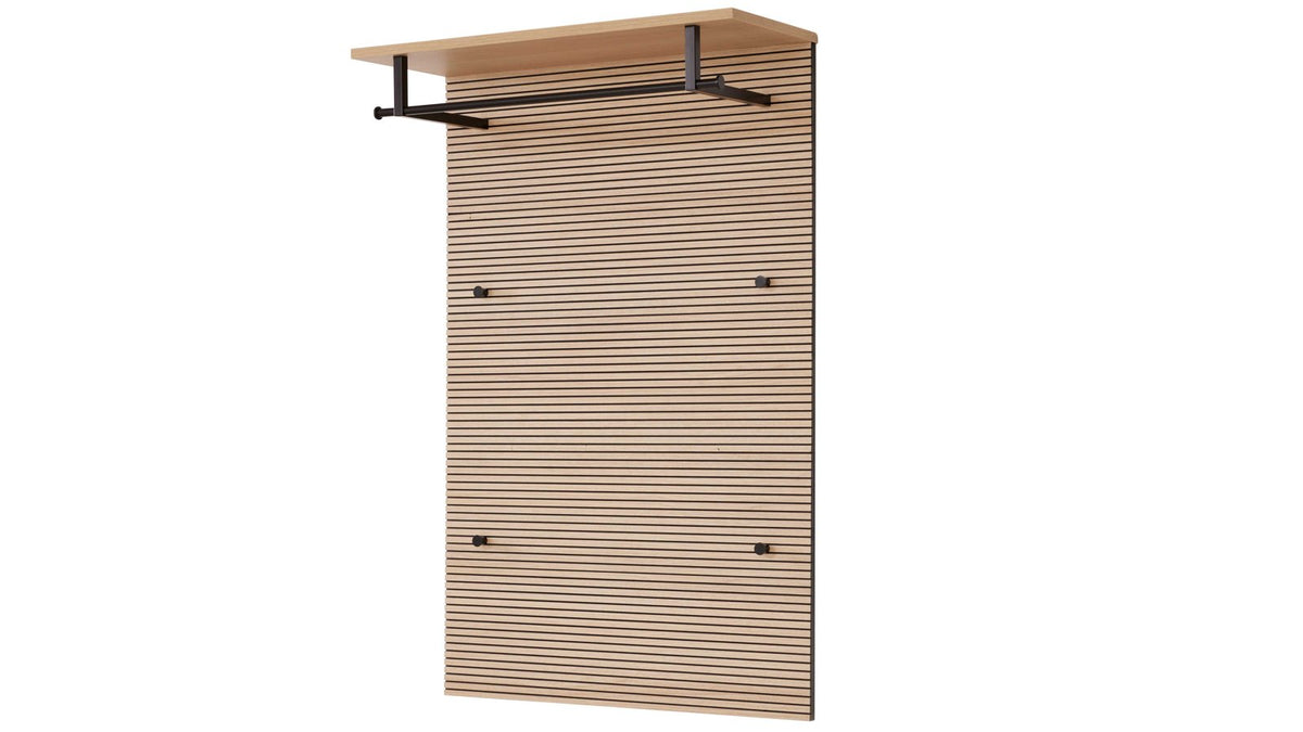 Platzsparende Garderobe in natürlicher Holzoptik mit Kleiderstange und praktischem Ablageboden