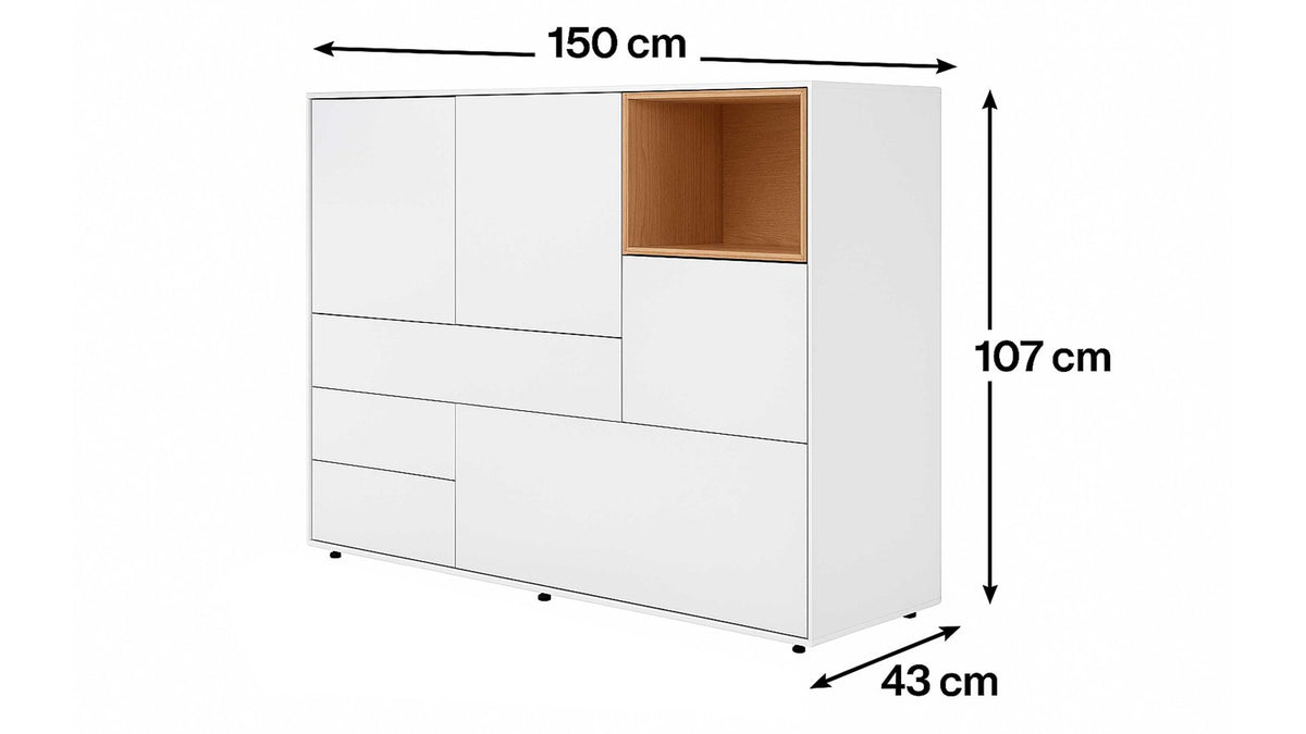 Interliving Highboard Serie 2034 in Weiß mit offenem Holzfach