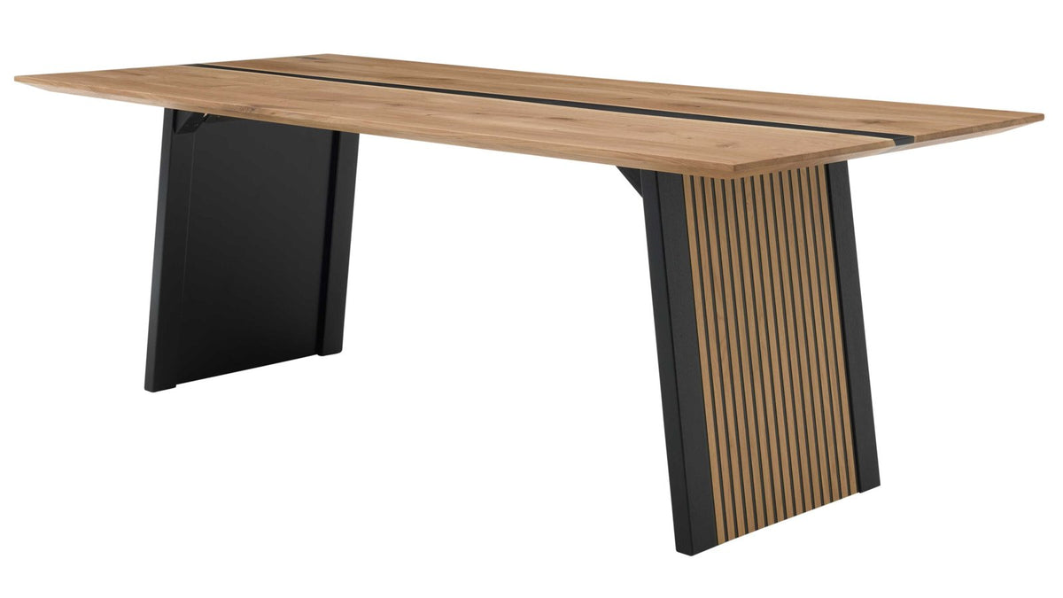 Moderner Esstisch mit Holzplatte und ausdrucksstarkem Design-Untergestell im Lamellen-Look