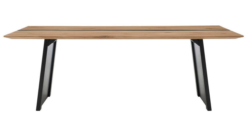Moderner Esstisch mit Holzplatte und ausdrucksstarkem Design-Untergestell im Lamellen-Look