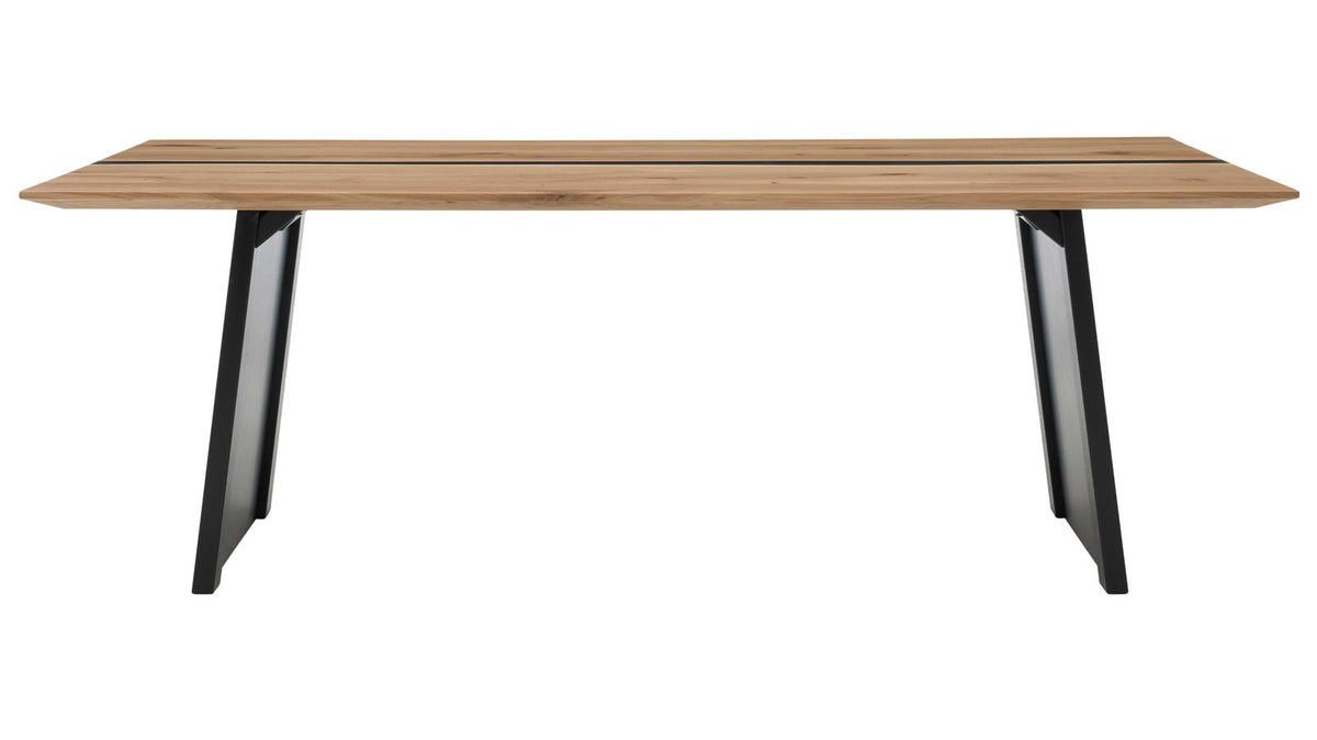 Moderner Esstisch mit Holzplatte und ausdrucksstarkem Design-Untergestell im Lamellen-Look