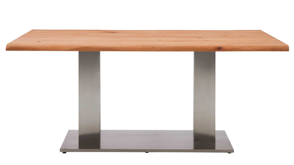Esstisch mit massiver Holzplatte aus heller Eiche und Edelstahlgestell