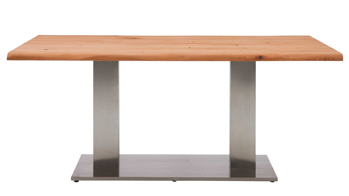 Esstisch mit massiver Holzplatte aus heller Eiche und Edelstahlgestell