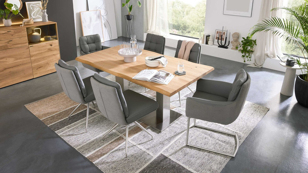Freischwinger-Sessel mit grauem Leder-Cord-Mix und Edelstahlgestell