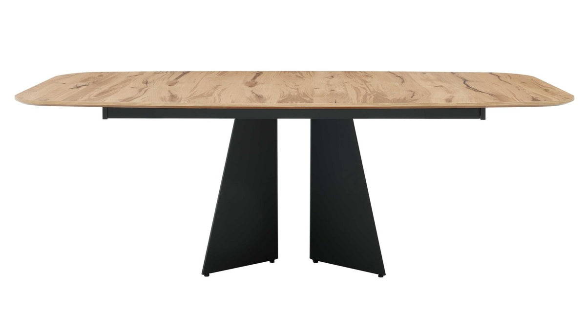 Moderner Esstisch mit abgerundeter Holzplatte und schwarzem Design-Untergestell