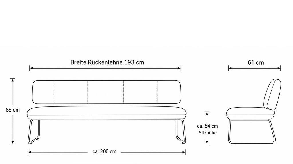 Sitzbank mit grauer Cord-Lederkombination und filigranem schwarzem Metallgestell