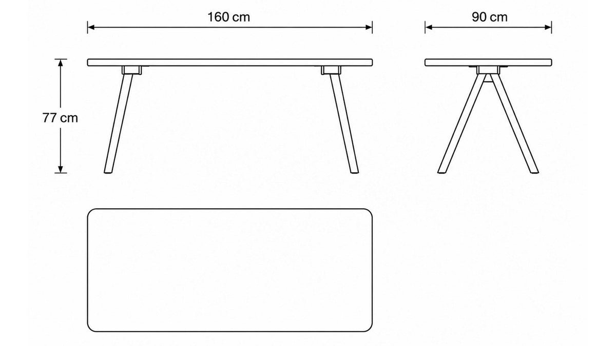 Esstisch mit massiver Holzplatte und schräg gestellten Metallbeinen