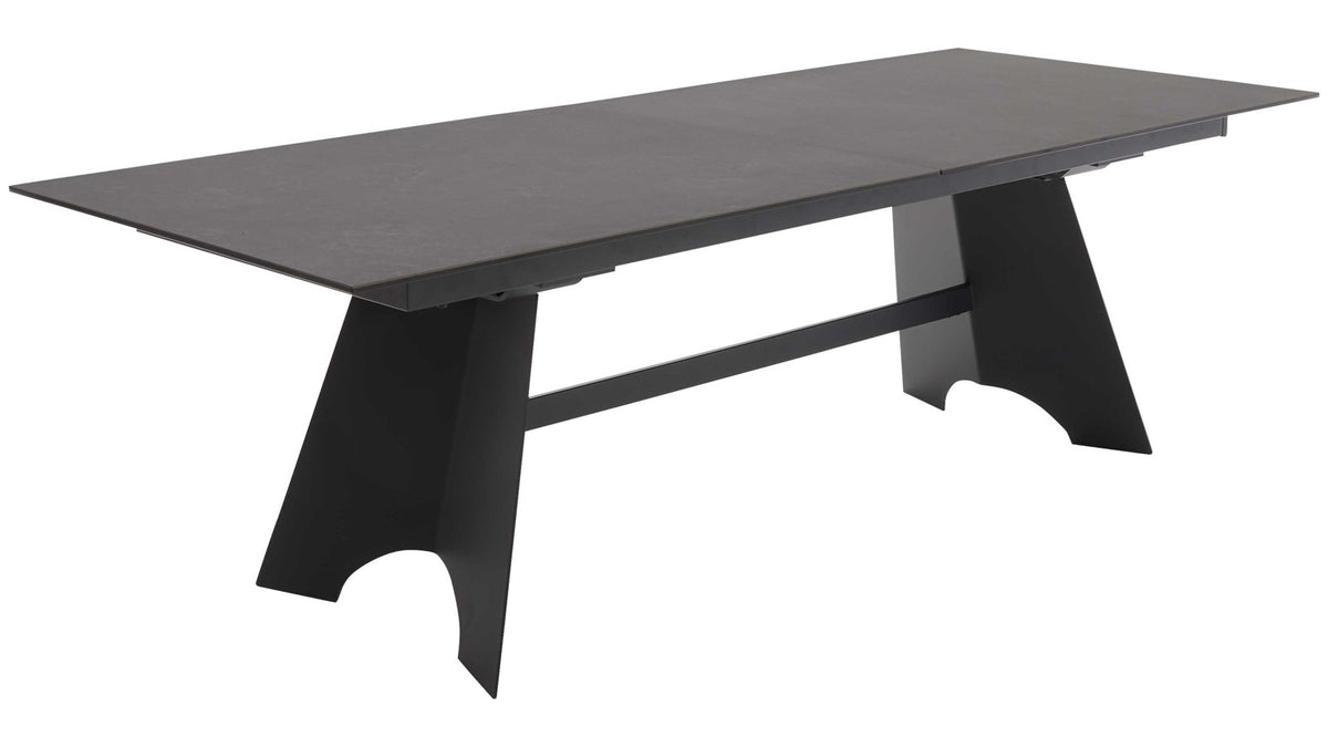 Ausziehtisch mit Glas-Keramik-Oberfläche in Oxidoptik und schwarzem Metallgestell