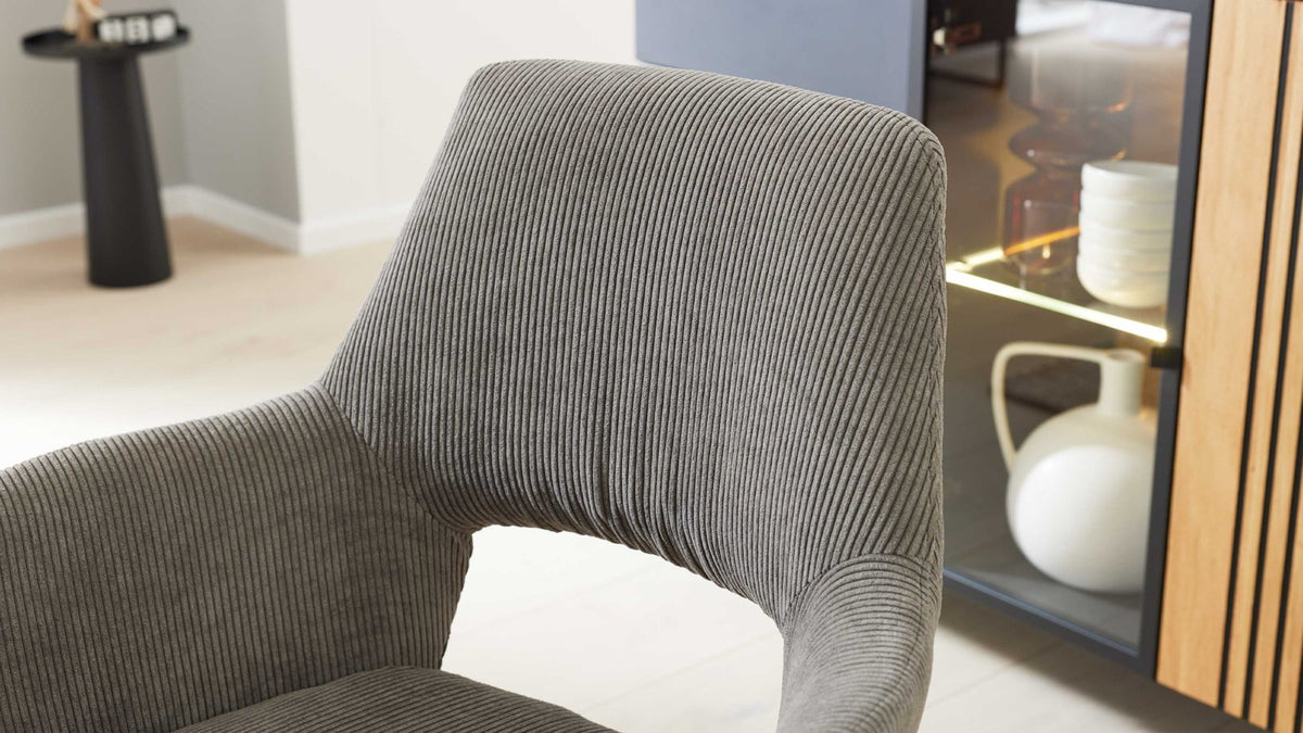 Drehbarer Polsterstuhl mit Armlehnen in grauem Cordstoff und schwarzem Metallgestell