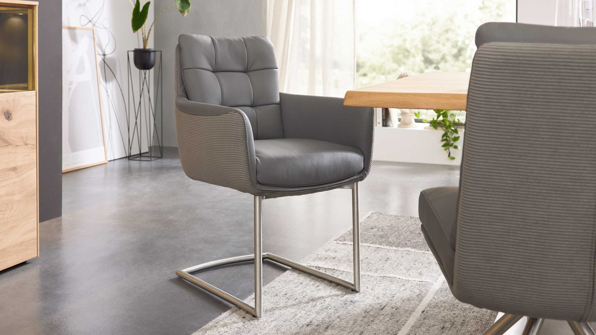 Freischwinger-Sessel mit grauem Leder-Cord-Mix und Edelstahlgestell
